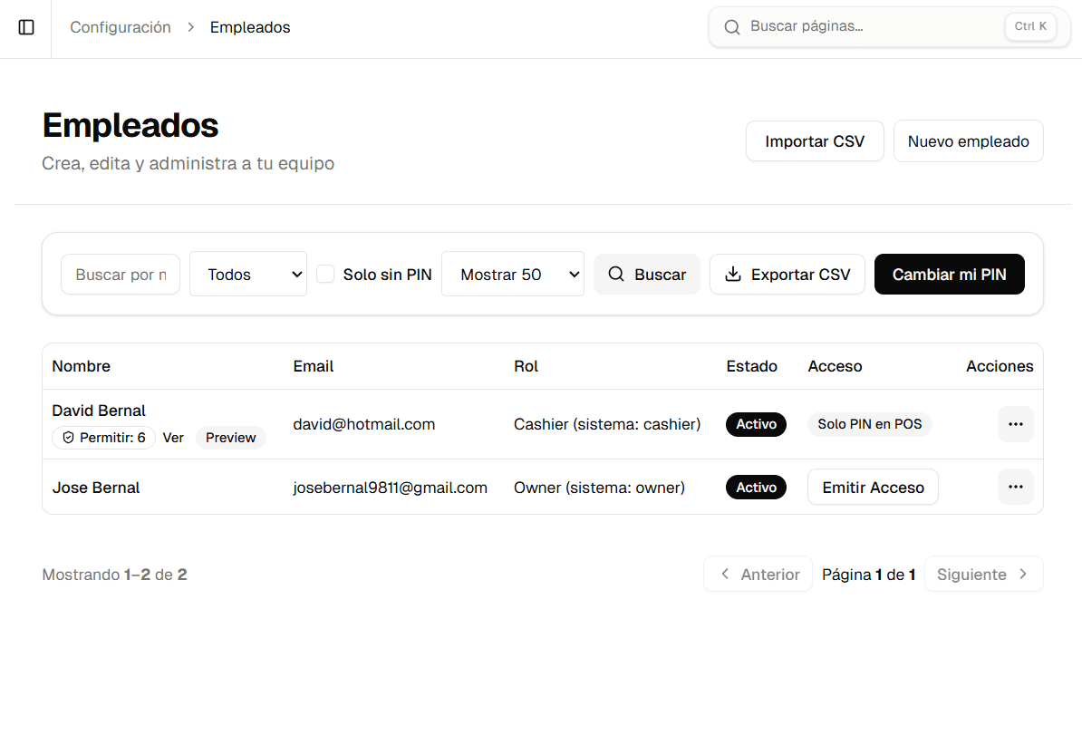 Pantalla de empleados de Orbita POS